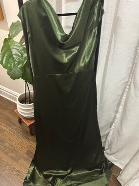 Crystal Satin Cowl Neck Slip Dress in Deep Olive